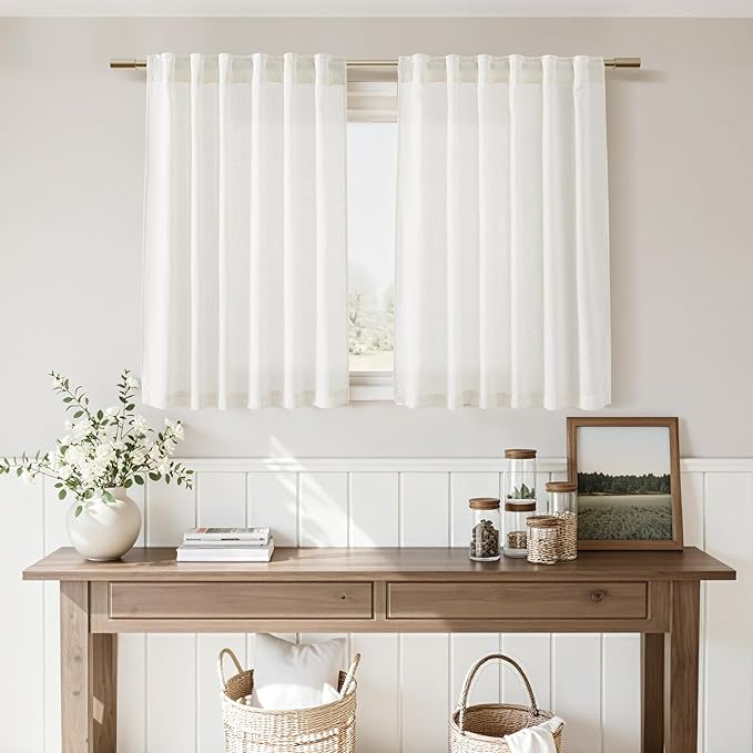 Nanspring 36 Inch Small Curtains for Kitchen Windows Over Sink Linen Blend Semi Sheer Short Linen Curtains Back Tab Rod Pocket Privacy Bistro Curtain Small Window for Cafe 2 Panels 30 X 36 Inch