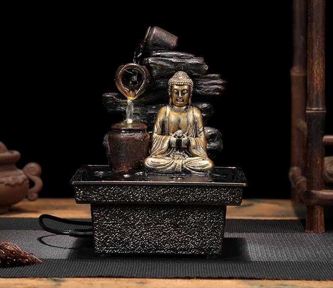 Tabletop Water Fountain Buddha Statue Desktop Indoor Waterfall Fountain Tabletop Humidifiers Home Decoration for Office, Living Room, or Bedroom