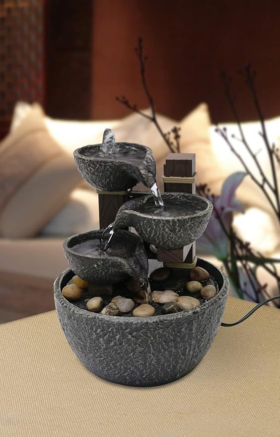 Nature's Mark 7" H Tiered Rock Bowl Tabletop Water Fountain with Natural River Rocks (Power Cord Attached)