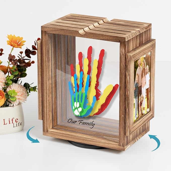 Emfogo 360 Rotating Family Handprint Kit, DIY Craft Keepsake Wooden Frame, Baby Footprint Kit, 5 Paint Colors Included, Non-Toxic Paints&Transparent Sheets, Gifts for Handprint Family Keepsake（Brown