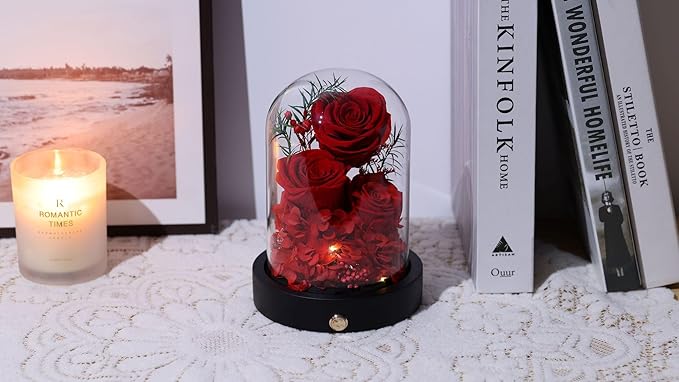 Preserved Flowers in Glass Dome with LED,Red Roses for Delivery, Valentines Day Gifts for Women Her Wife Mom on Mothers Day, Anniverysary, Birthday