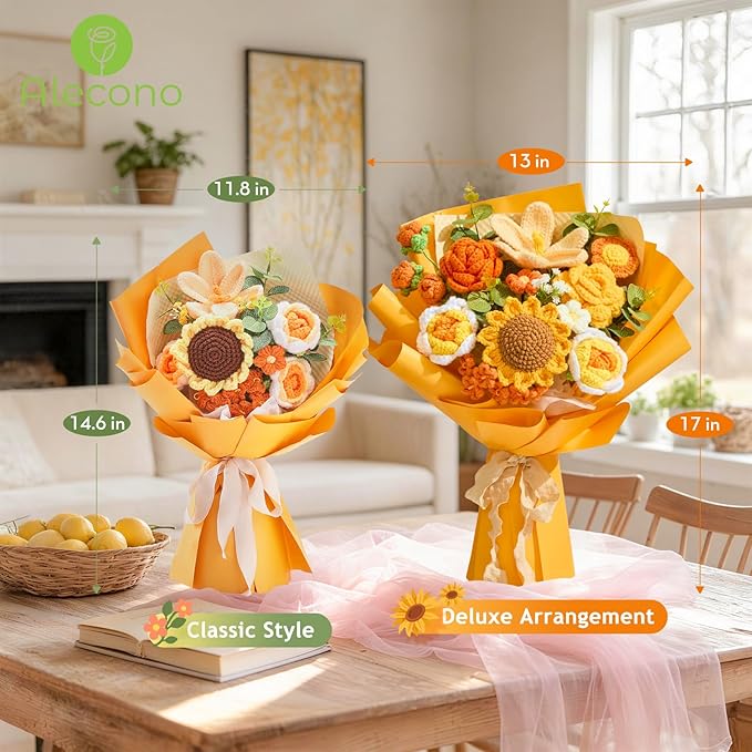 Alecono Large Crochet Flower Bouquet, Knitted Flowers, Artificial Sunflower Crochet as a Gift for Valentines Day Lover Anniversary Graduation (Orange)