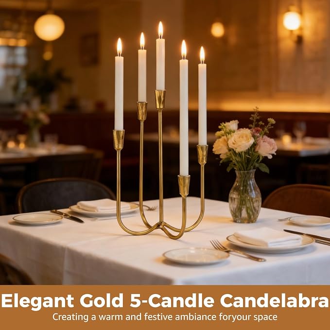 Elegant Gold 5-Candle Candelabra, 16.93 Inch Tall Cast Iron, American Vintage Taper Candle Holder with Antique Finish, Perfect Centerpiece for Dining, Living Room & Fireplace Decor