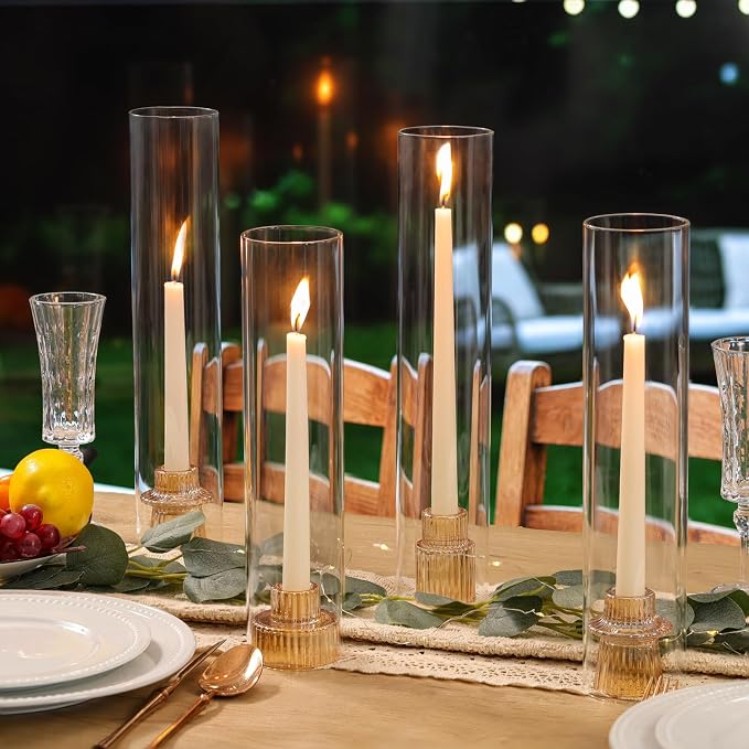 NITIME 9 Set Hurricane Glass Candle Holders for Table Centerpieces, Gold Candlestick Holders with Windproof Cylinder Covers(11.8"/12.6"/13.8" H), Taper Candle Holders for Wedding, Party and Home Decor