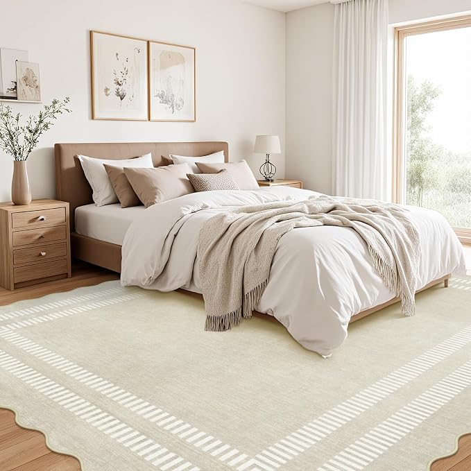 Washable 8x10 Area Rugs for Living Room, Solid Ivory Ultra-Thin Bedroom Rug Non-Slip Dining Room Rugs, Soft Scalloped Carpet for Nursery Kids Room Office