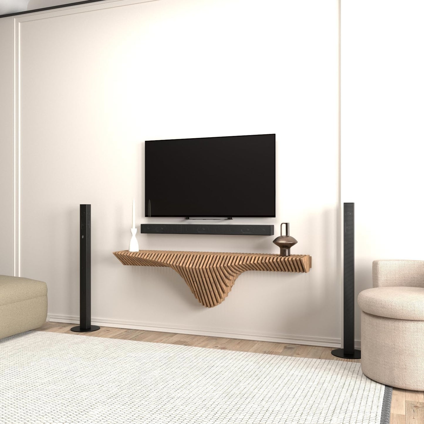 Parametric 50 inch Floating Shelf TV Unit Modern Geometric Wooden Wall Piece Decor Natural Oak Color 3D Wavy Living and Gaming Room Shelf