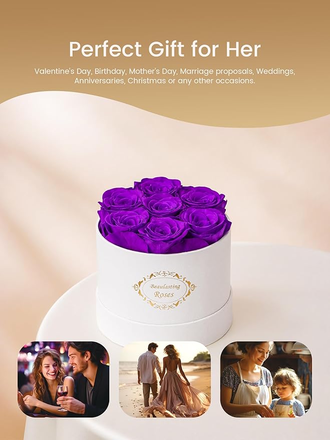 Beaulasting Long Lasting Preserved Roses in a Box Last a Year Forever Flowers for Her Mom Wife Anniversary Birthday (Round White Box, Purple)