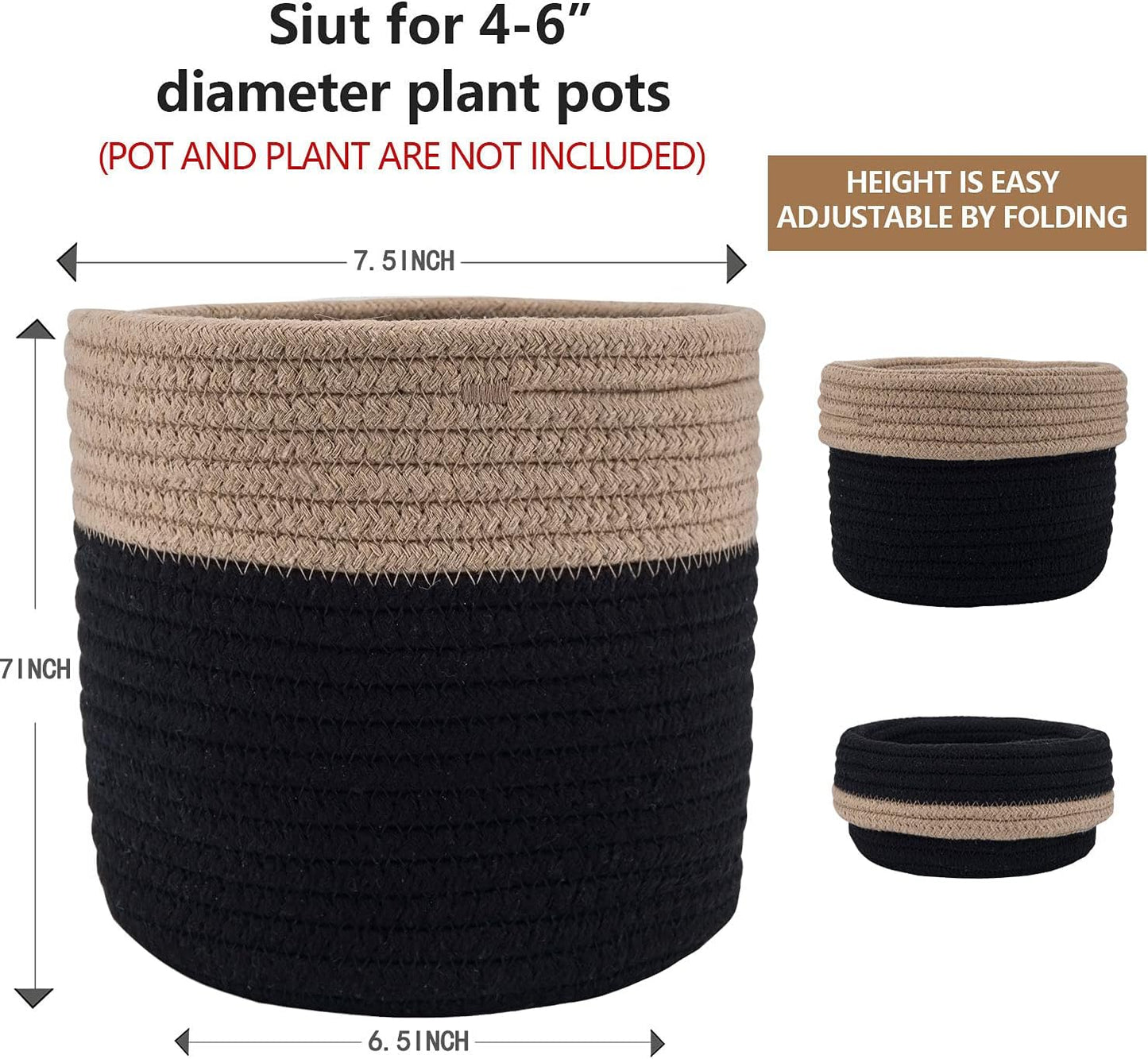 Woven Cotton Rope Plant Basket for 6" Flower Pot Floor Indoor Planters Flower Pot,Home Decor Storage Organizer H6 3/4" x W6 1/2" Black&Brown