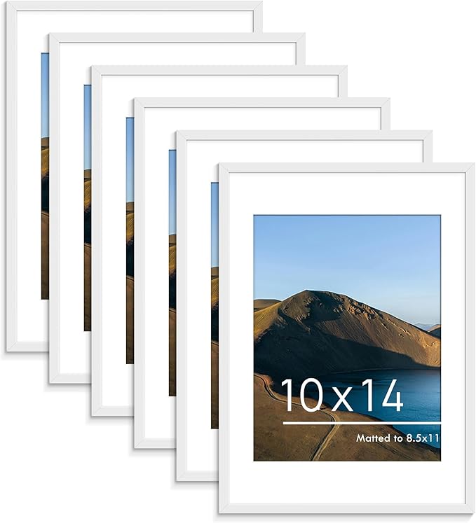 PEALSN 10x14 Picture Frame Set of 6, Display Pictures 8.5x11 with Mat or 10x14 without Mat for Wall Mounting or Table Top Display, Photo Frames Collage for Wall Decor, White.