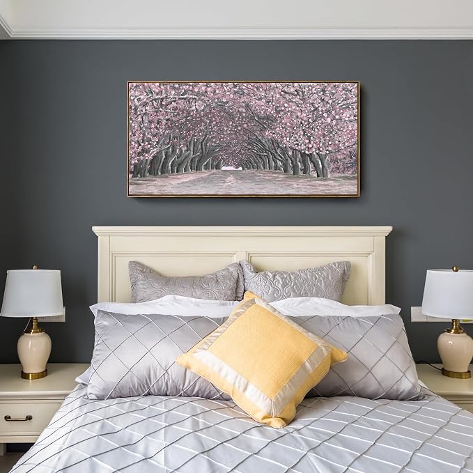 Nicetop Framed Canvas Wall Art – Pink Cherry Blossom Tree Tunnel Canvas Print Romantic Floral Landscape Artwork Abstract Forest Picture for Bedroom Living Room Girls Women Wall Decor Large Size 48x24 Inch