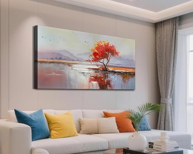 Arjun Landscape Canvas Wall Art Textured Large 48"x24"- Red Tree & Lake Reflection Painting, Soft Toned Nature Prints Picture Framed Artwork for Living Room Bedroom Home Office Wall Decor
