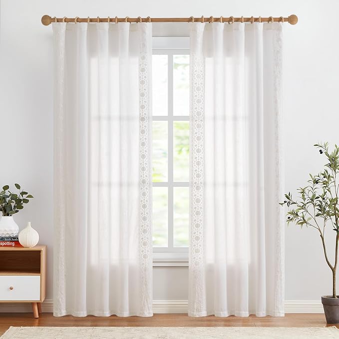 jinchan Weslie White Linen Curtains for Bedroom Vintage Floral Farmhouse Curtains 90 Inches Long Linen Drapes for Living Room Embroidered Light Filtering Drapes Rustic Cottagecore Off White 2 Panels