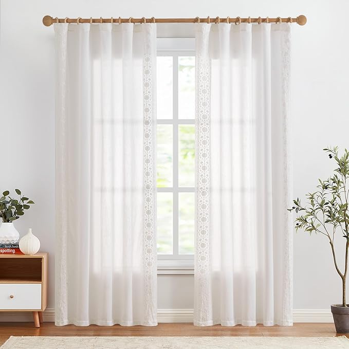 jinchan Weslie White Linen Curtains for Bedroom Vintage Floral Farmhouse Curtains 84 Inches Long Linen Drapes for Living Room Embroidered Light Filtering Drapes Cottagecore Off White 2 Panels