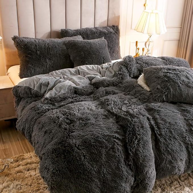 Faux Fur Velvet Fluffy Bedding Duvet Cover Set Down Comforter Quilt Cover with Pillow Sham, Ultra Soft Warm (Twin, Dark Gray)