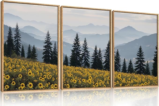 HPNIUB Large Boho Wildness Sunflowers Framed Canvas Wall Art Set, Nature Pine Tree Mountain Wall Decor, Misty Forest Landscape Art Print, Rustic Wildflower Artwork for Living Room, Bedroom,Office -16''x24''x3