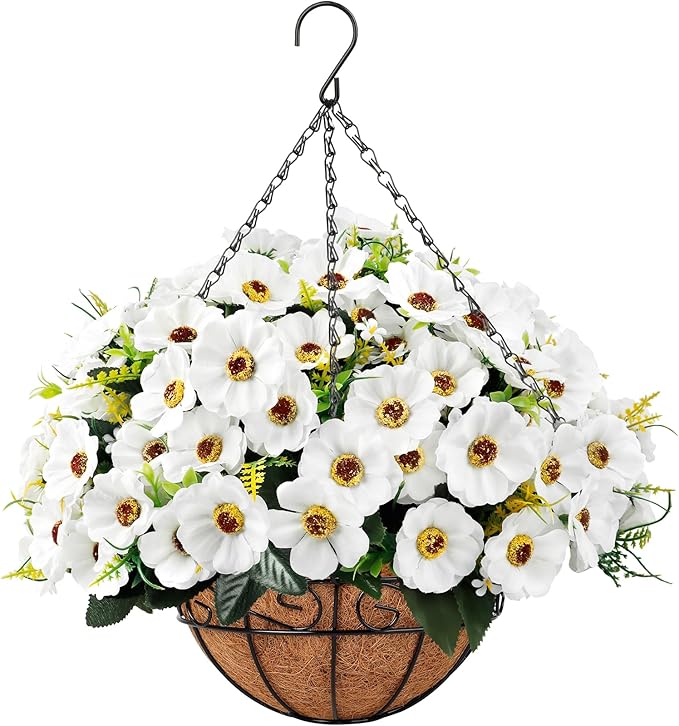 Ouddy Decor Artificial Hanging Flowers with Basket, Fake Silk Hanging Flowers in Coconut Lining Basket Faux Hanging Plants for Outdoor Indoor Spring Garden Porch Patio Balcony Home Decor, White