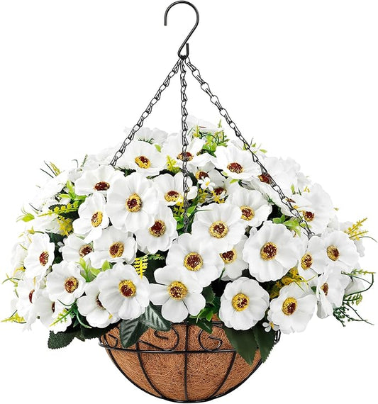 Ouddy Decor Artificial Hanging Flowers with Basket, Fake Silk Hanging Flowers in Coconut Lining Basket Faux Hanging Plants for Outdoor Indoor Spring Garden Porch Patio Balcony Home Decor, White