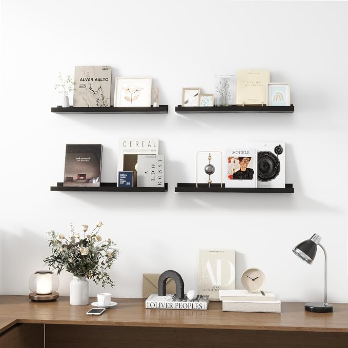 Acovy 24 inch Picture Ledge Shelf, Wood Floating Shelves Set of 4, Black | Wall Mounted, For Living Room Kids' Room Bedroom, Photo Ledge Nursery Book Shelves