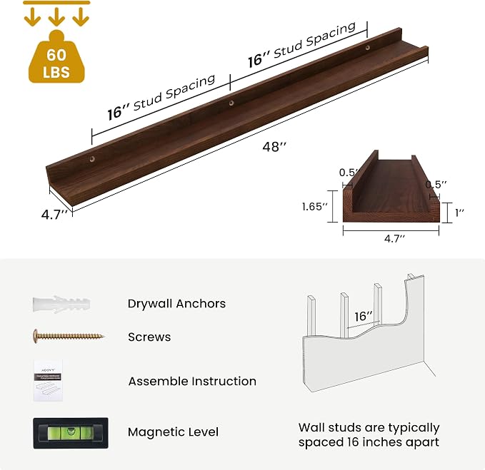 Acovy Solid Ash Wood Floating Shelves, 48 Inch, Walnut, Set of 2 | Wood Picture Ledge, Wall Mounted, For Living Room Kids' Bedroom Nursery, Large Photo Ledge