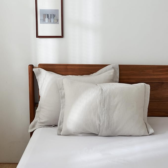 100% French Linen Pillow Shams Basic Style - Pack of 2 - Washed Solid Color Natural Flax Soft Breathable - Grey, 20'' x 26''