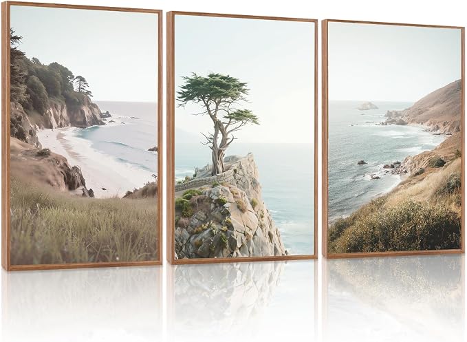 LHIUEM Coastal Seascape Framed Canvas Wall Art,Modern Beach Wall Decor,Neutral Pine Tree Painting,Natural Ocean Artwork for Living Room,Bedroom,Dining Room -16"x24"x3
