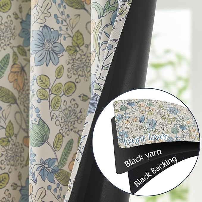 jinchan Nursery Curtains 95% Blackout Blue Floral Curtains for Kids Room, 84 Inch Length Farmhouse Drapes for Bedroom Living Room Darkening Window Treatment Grommet Top Set of 2 Panels