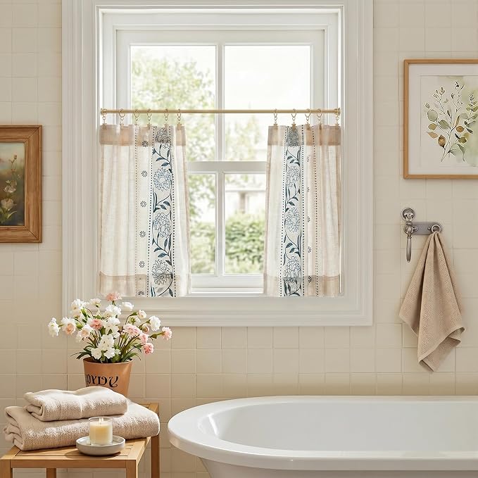 jinchan Winslow Linen Kitchen Curtains 24 Inch Length Small Window Curtains Embroidered Bordered Floral Drapes Light Filtering for Bathroom Laundry Room Farmhouse Decor Blue on Beige 2 Panels