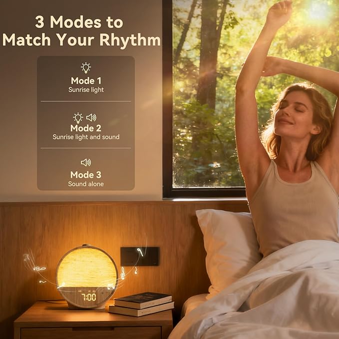Vivilumens Sunrise Alarm Clock with Sound Machine, Gentle Wake-Up Light, Dual Alarms for Heavy Sleepers Adults, Dimmable RGB Mood Light Digital Alarm Clocks for Bedrooms, Wood Grain