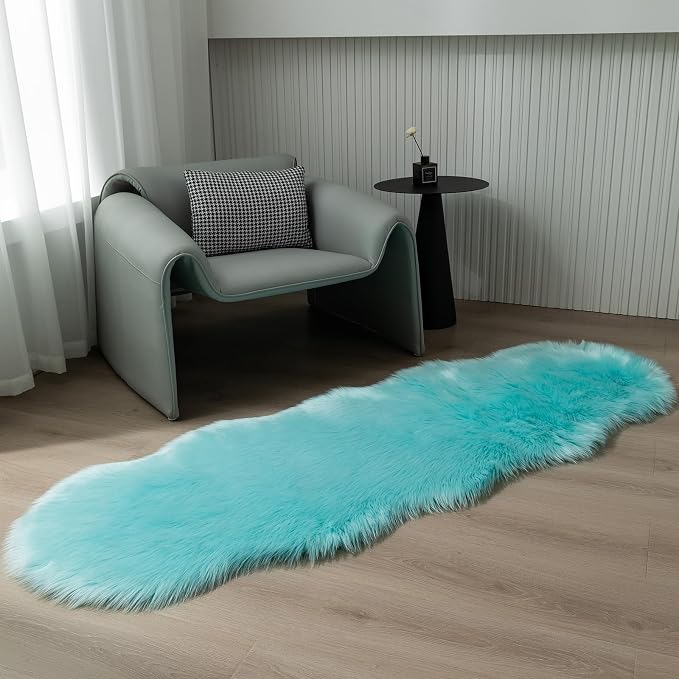 Faux Fur Sheepskin Runner Rug Blue 2x6 ft Ultra Soft Shaggy Plush Fluffy Fuzzy Area Carpet Decorative Chair Cover Floor Mat for Bedroom Sofa Living Room Bedside