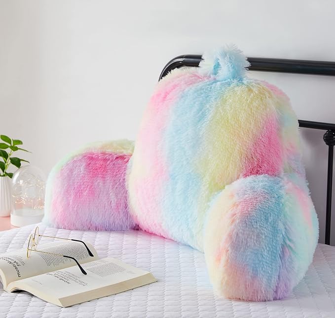 Faux Fur Backrest Pillow for Kids, Teen Reading Pillow with Arms, Fluffy Back Support Pillow for Sitting Up in Bed/Couch, Bed Wedge Pillow for Girls, Reading & Bed Rest Pillows (Pink)