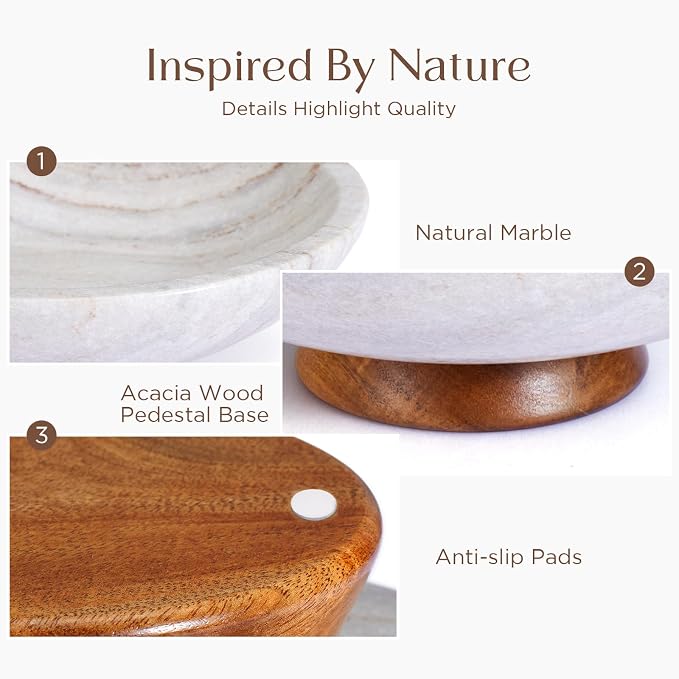 SAMAH Gray Marble Fruit Bowl with Acacia Wood Pedestal, Large Decorative Footed Bowl, Natural Stone Centerpiece for Kitchen Counter, Entryway, Keys, Dining Table, House Warming Gifts New Home(11Inch)