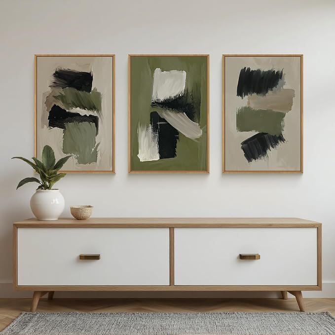 Green Abstract Framed Canvas Wall Art Set, Modern Brush Strokes Wall Decor,Neutral Tone Minimalist Green and Black Color Block Art Print for Living Room,Bedroom,Dining Room, Office-24 x36 x3