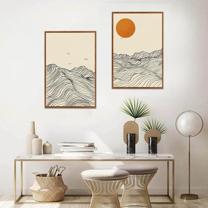 LHIUEM Abstract Wave Line Mountain Framed Canvas Wall Art,Boho Sun Wall Decor,Minimalist Beige Artwork for Living Room,Bedroom,Dining Room,Office -16"x24"x3