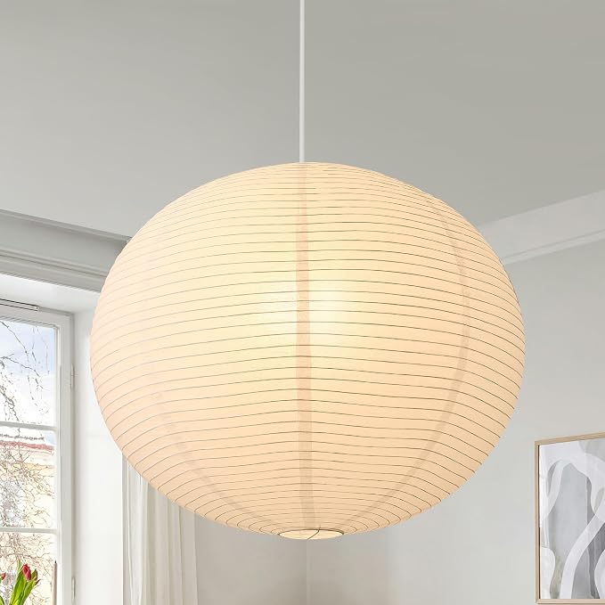 Large Rice Paper Pendant Light Kit, 20in White Globe Paper Lantern Lights, E26 Base, Japanese Hanging Lantern Lamp Japandi Chandelier for Dining Room Bedroom Office Living Room