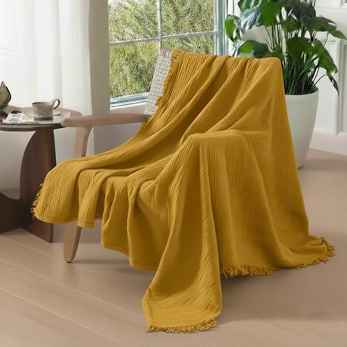 KyraHome 100% Organic Cotton Throw Blankets, 50"x60" Pre-Washed Plant Dyed, Breathable, Lightweight Summer Muslin Blankets, Adults, Couch, Picnic, All Season, Mustard Yellow