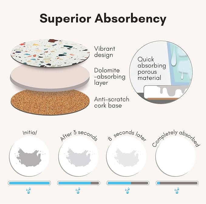 Terrazzo Coasters Set of 6, Ceramic Absorbent Drink Coasters, Cute Moisture Absorbing Coaster, Coffee Table Desk Decor, Colorful Stone Coaster for Drinks (Mosaic with Black Holder)