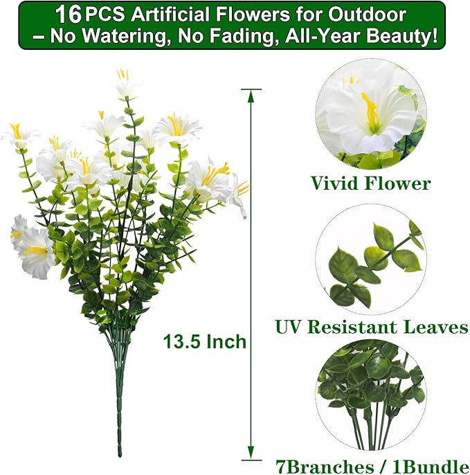 Grunyia Artificial Morning Glory Flowers - 16PCS White UV Resistant Faux Silk Plastic Blooms, Realistic Fake Plants for Garden Porch Planters Window Wedding Indoor Outdoor Decor