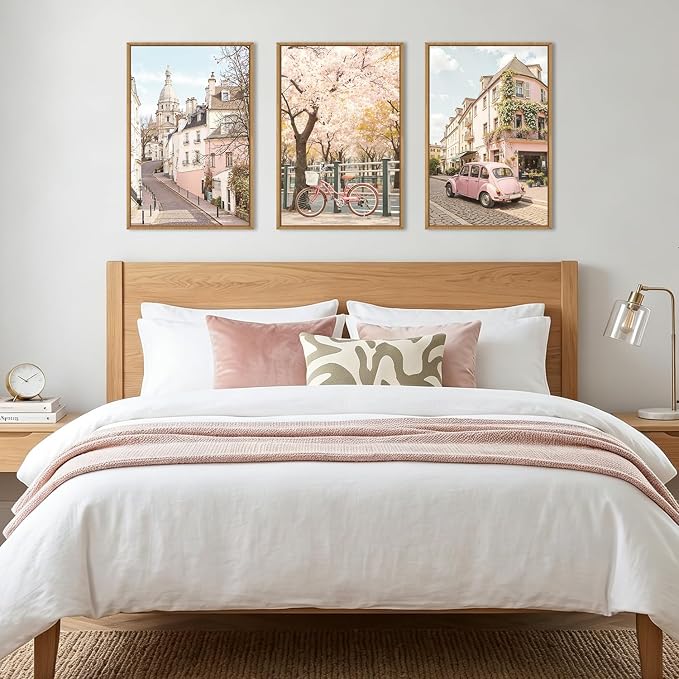 Ausril Vintage Italy Cityscape Framed Canvas Wall Art Set, Romantic Flower Street Wall Decor, Pink Bike Car Wall Painting, European Travel City Art Prints for Living Room, Bedroom, Office -24"X36"X3
