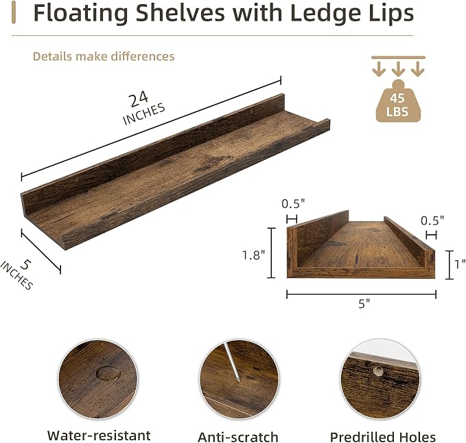Acovy 24 inch Picture Ledge Shelf, Wood Floating Shelves Set of 4, Brown | Photo Ledge, Nursery Book Shelves, Wall Mounted, For Living Room Kids' Room Bedroom