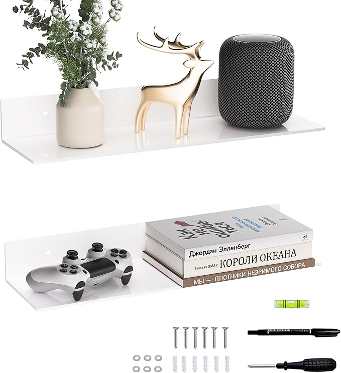 Sezanrpt 20 Inches Acrylic Wall Shelves 2 Pack, Floating Shelf for Wall Mounting, Acrylic Display Ledges for Funko Pop Figures, Home Décor, Living Room, Gaming Room, Plants(20 inch, White)