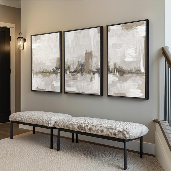 Large Framed Neutral Abstract Wall Art for Living Room, 3 Piece Gray Beige Canvas Artwork for Walls, Modern Minimalist Abstract Prints Paintings Pictures for Hallway Home Office Wall Decor, 24x36 In