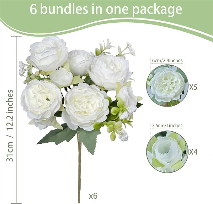 6 Pcs Peonies Artificial Flowers Bulk, Light Pink Silk Peonies Fake Bouquet for Floral Centerpieces, Realistic Faux Peony Flower for Flower Arrangements Wedding Decoration vase