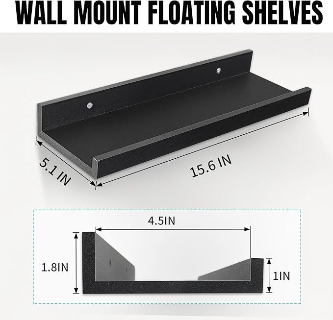 LaVie Home Floating Shelves for Wall Storage Set of 4, 15.6 Inch Picture Ledge Shelf, Black Wall Shelves with Lip for Kitchen, Bedroom, Bathroom, and Living Room