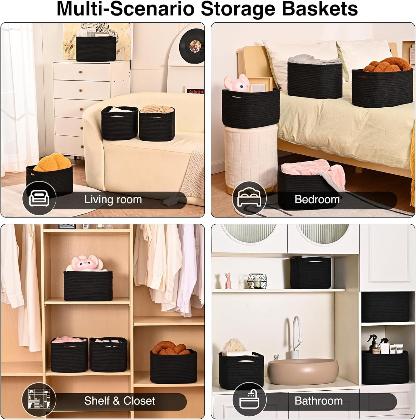 Black Storage Baskets for Shelves, Small Storage Baskets for Organizing, Woven Cotton Rope Baskets for Storage, Book Basket, Decorative Shelf Basket, 12.5"Lx9.1''Wx7.9''H (4 Packs) Black