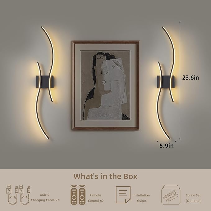 Battery Operated Wall Sconces Set of 2, Dimmable Modern LED Rechargeable Wall Light with Remote Control, Wall Decor for Living Room, Hallway, Quick Install, No Electrician Required