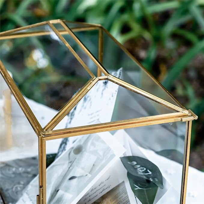 NCYP Small 10.2" x 5.9" x 7.9" Glass Cards Box with Slot and Lock for Wedding Reception - Home Birthdays Party Geometric Decorative, Gold - Slot Length 6.3 Inches (Glass Box Only)