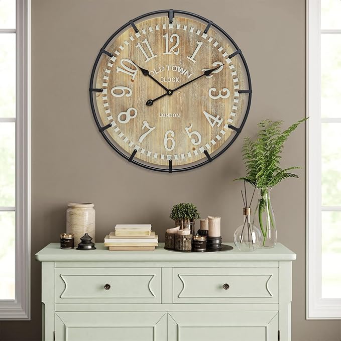 EMAX HOME 24 Inch Large Farmhouse Wall Clock - Rustic Antique Wood, Silent Battery Operated Clock for Office Kitchen Bedroom Living Room