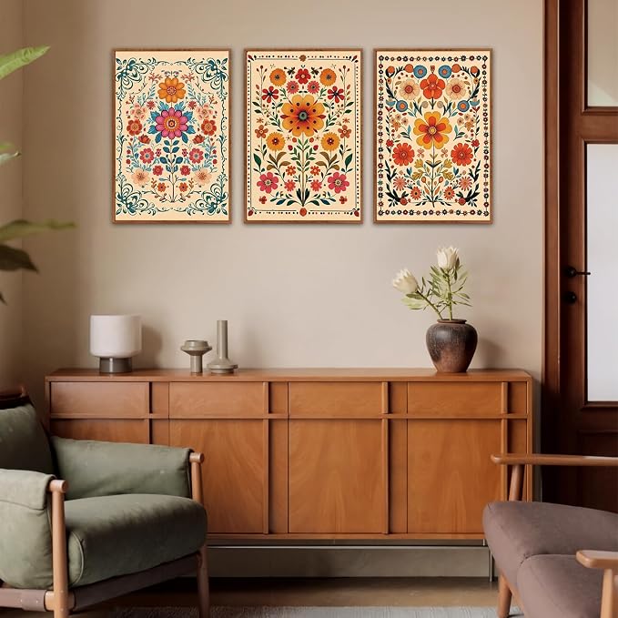 HOURIA 3Pcs Framed Mexican Floral Canvas Wall Art (24"x36"), Abstract Orange Botanical Latin Folk Wall Decor, Vintage Mid Century Modern Tropical Flower Art Print for Office Farmhouse Bedroom
