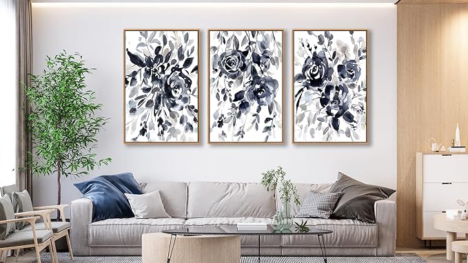 Large Flowers Wall Art for Living Room Natural Wood Float Framed Art Set of 3 Black Roses Pictures Artwork Canvas Prints for Bedroom Kitchen Home Office Wall Decor 20"X28"X3