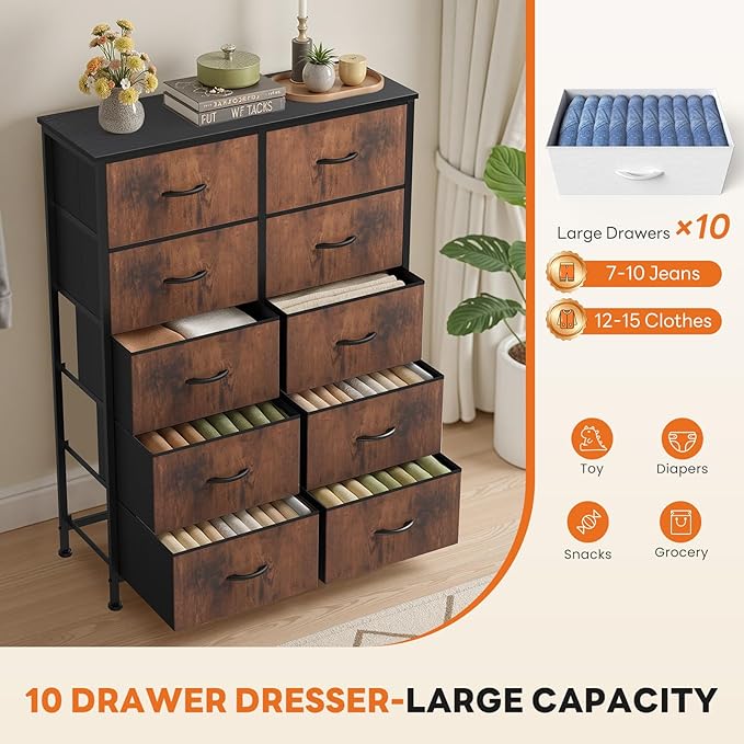 OLIXIS 10 Drawer Tall Dresser with Fabric Bins for Bedroom, Fabric Storage Tower Organizer for Closet Living Room Hallway, Double Chest of Drawers with Steel Frame Wood Top,Black-Brown